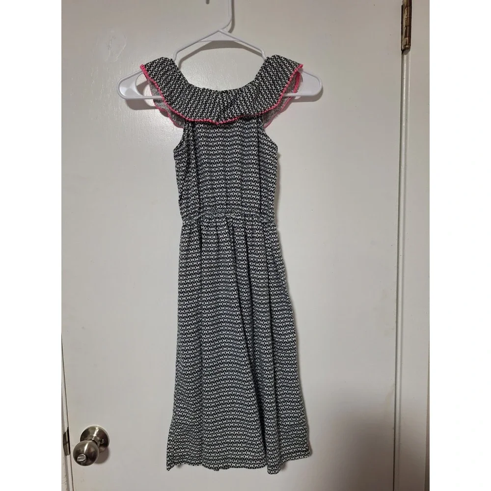Carter's Girls Dress Size 7 Black White Geometric Ruffle Collar Pom Pom Trim
